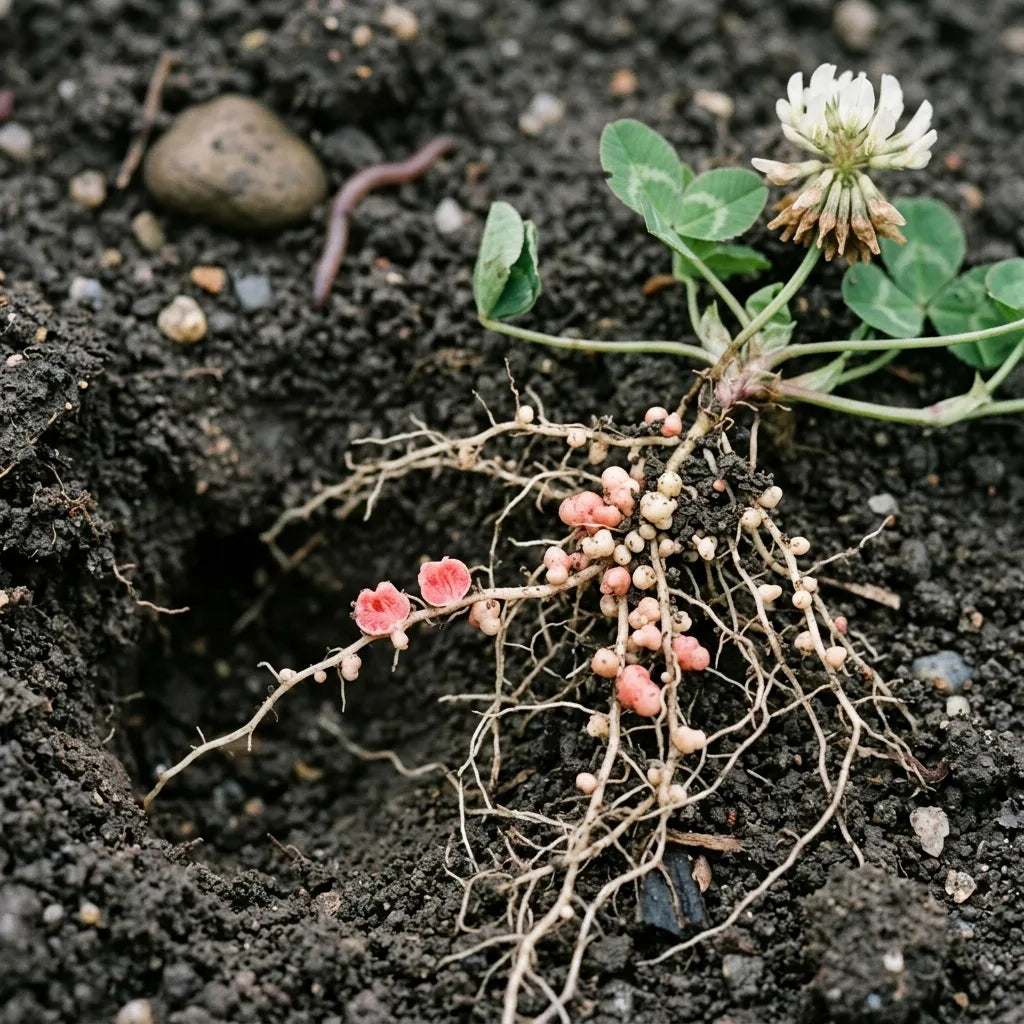 Nodosités rosées sur les racines du trèfle blanc, fixation de l'azote — SemiSauvage