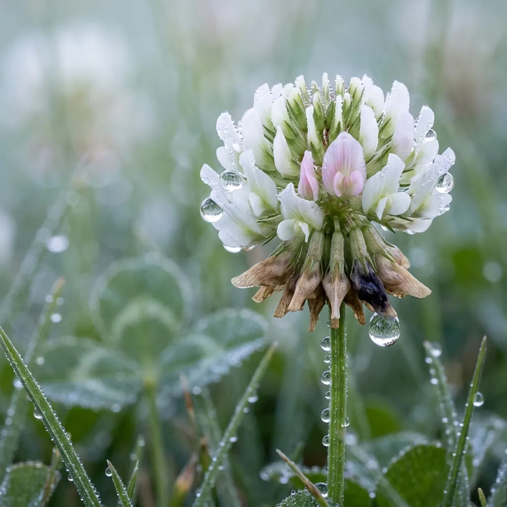 Macro d'une tête florale de trèfle blanc couverte de rosée — SemiSauvage