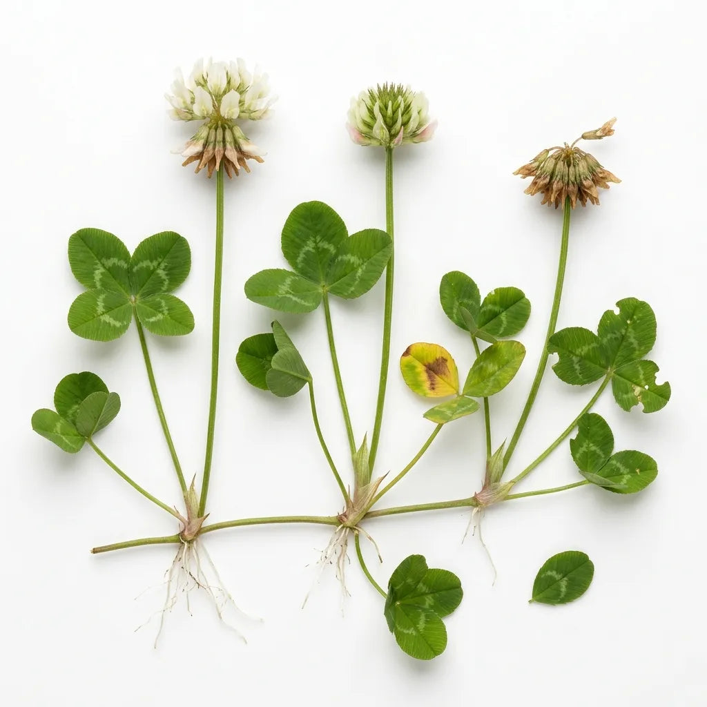 Plante entière de trèfle blanc (Trifolium repens) avec stolon raciné, sur fond blanc — SemiSauvage