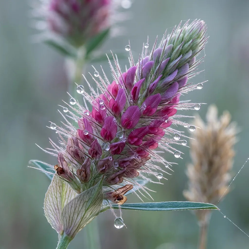 Macro d'un épi plumeux de Trifolium rubens couvert de rosée — SemiSauvage