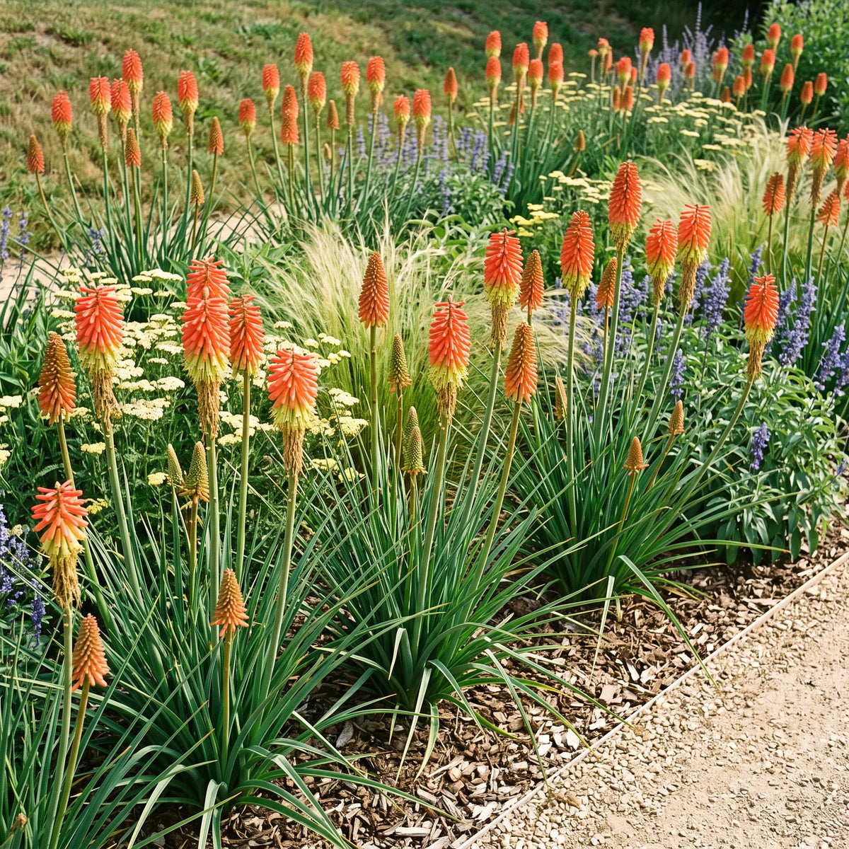 Massif de tritomes faux aloé en fleur vu depuis un talus — SemiSauvage
