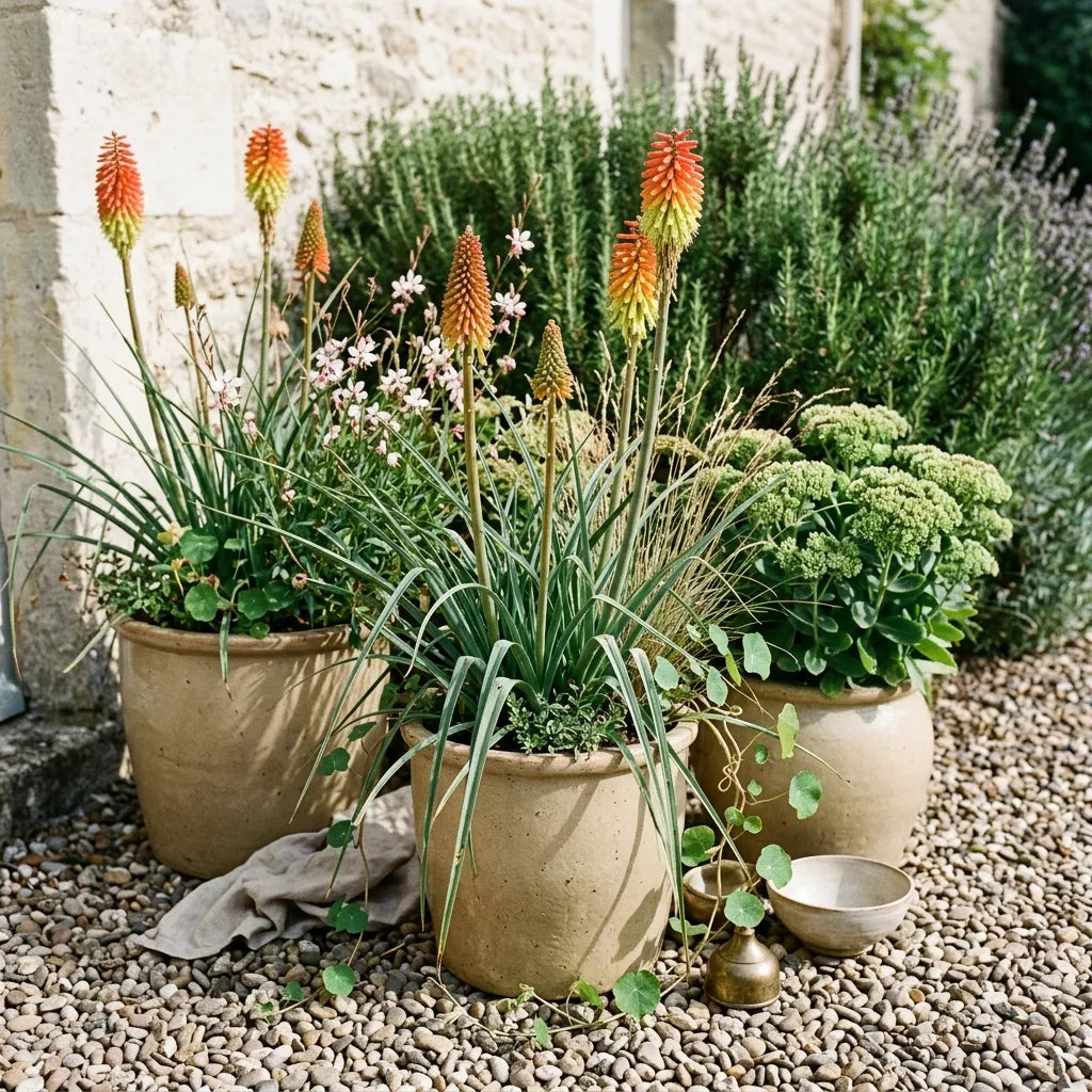 Tritomes faux aloé en pots de grès sur une terrasse de galets — SemiSauvage