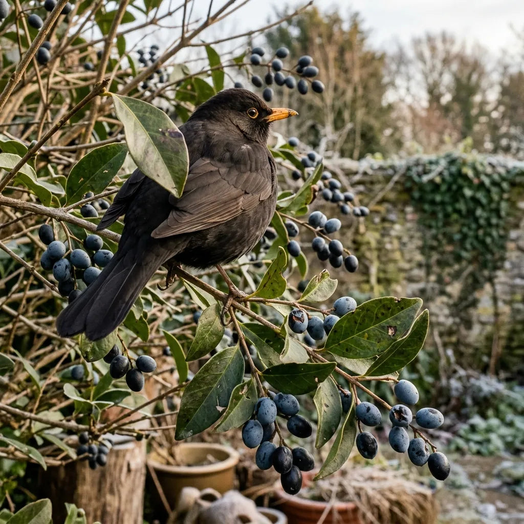 Merle noir posé sur un rameau de troène du Japon chargé de baies noires
