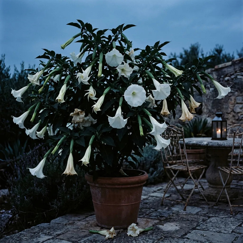 Trompettes blanches lumineuses au crépuscule sur une terrasse de jardin — SemiSauvage