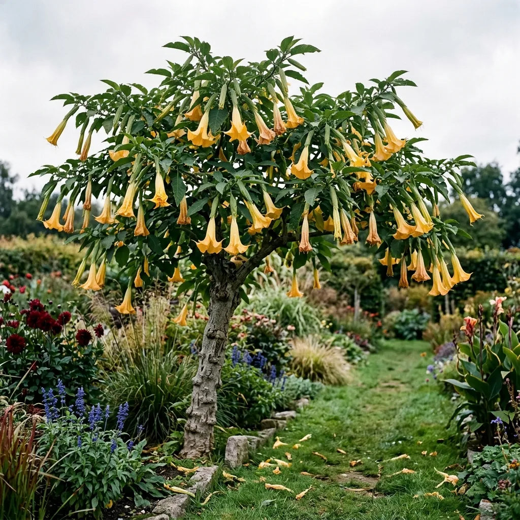 Trompette des Anges jaune conduite en petit arbre dans un jardin d'agrément — SemiSauvage