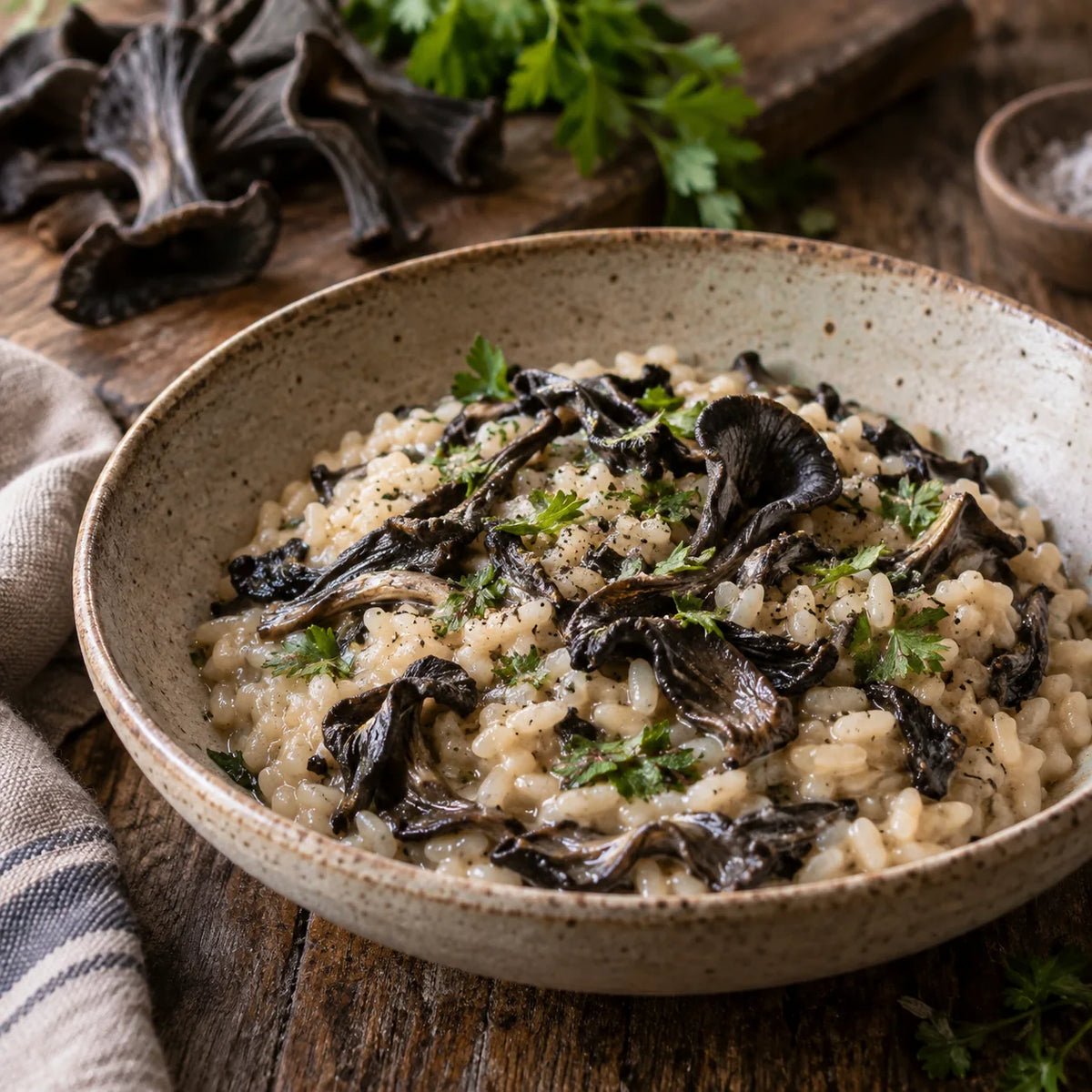 Risotto aux trompettes-de-la-mort dans une assiette en grès.