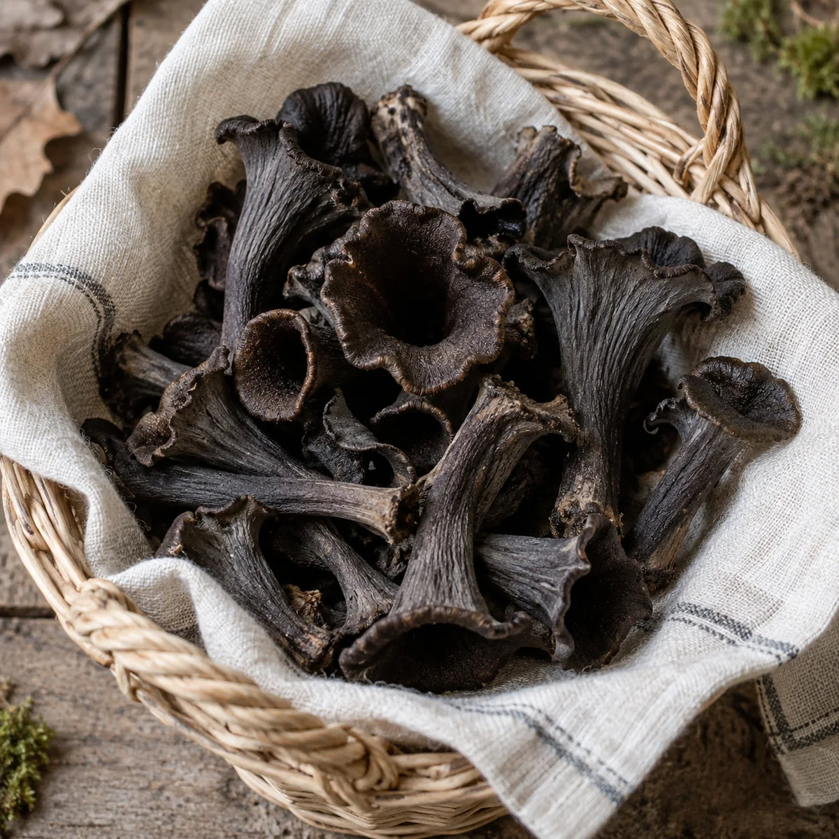 Trompettes-de-la-mort fraîches dans un petit panier.