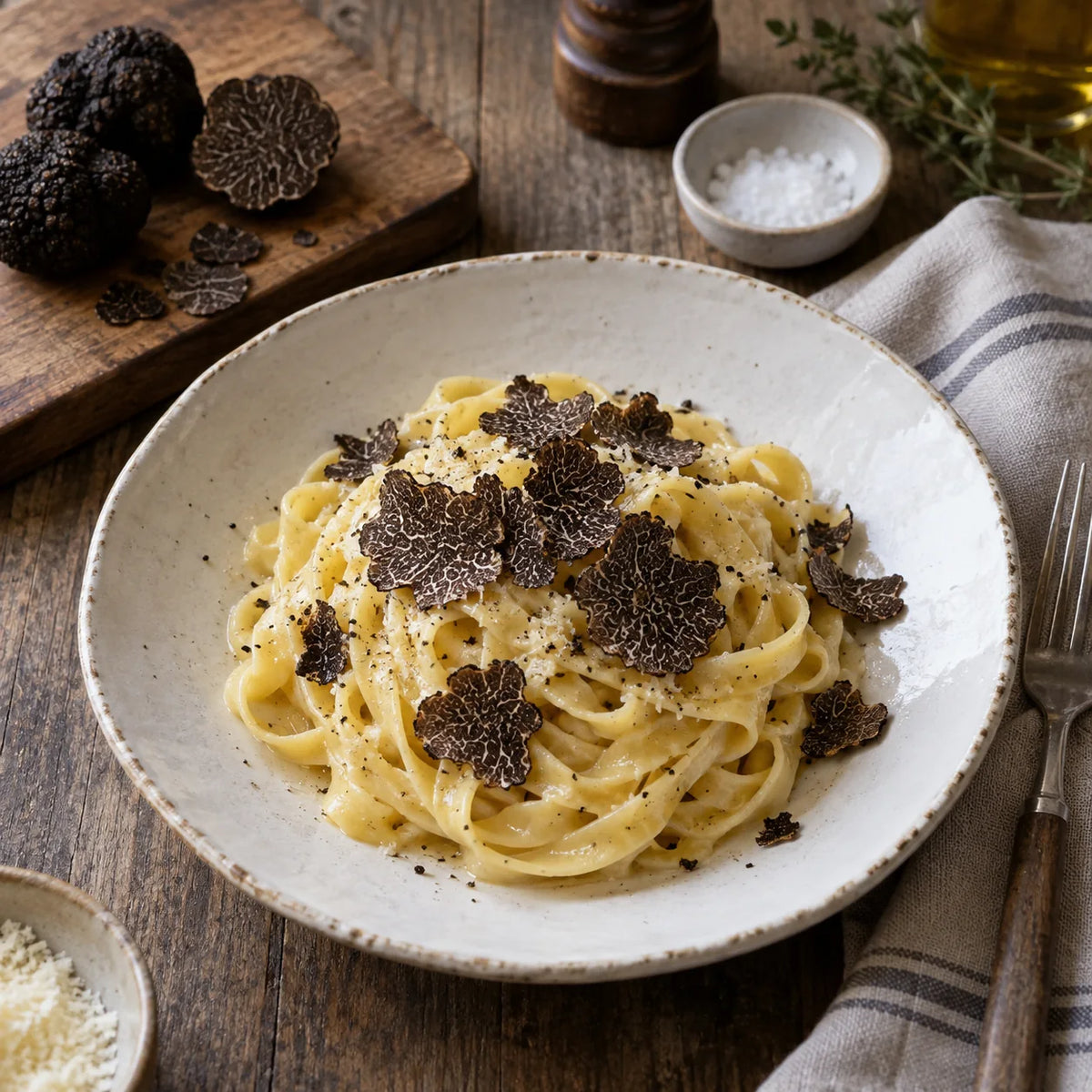 Tagliatelles garnies de fines lamelles de truffe noire du Périgord.