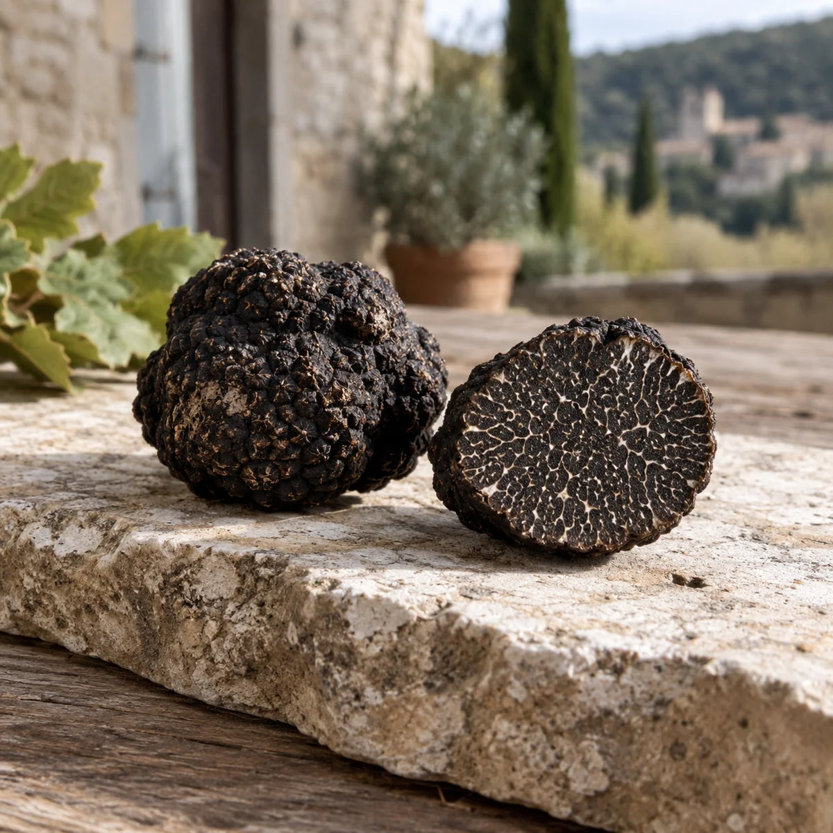 Truffe noire du Périgord entière et coupée, détail du veinage.