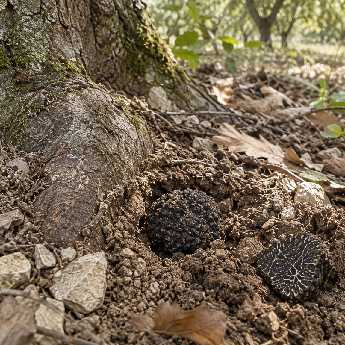 Truffe noire partiellement dégagée dans un sol calcaire près d’un chêne.