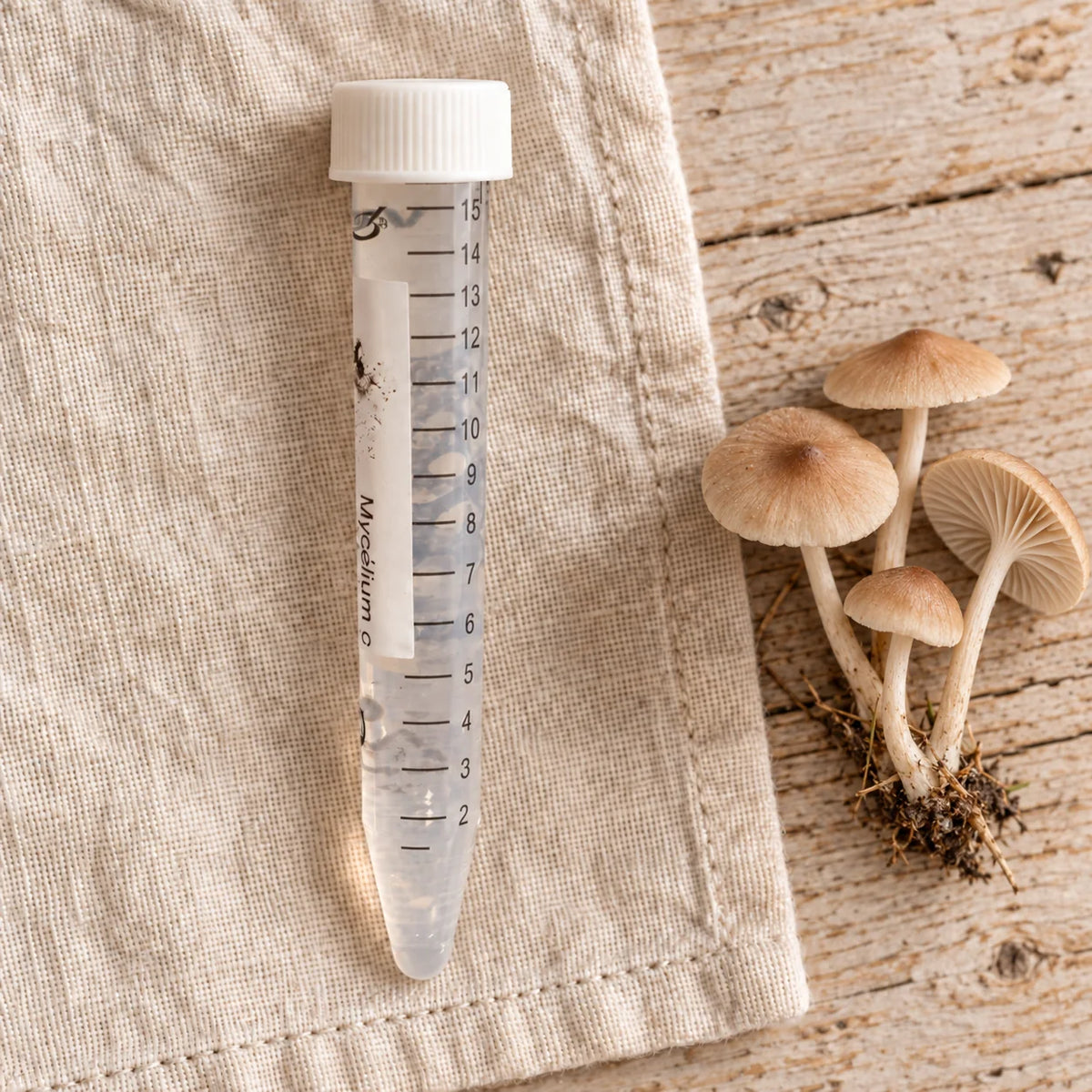 Tube de mycélium liquide de mousserons des prés de 15 ml, sur un linge écru avec les champignons correspondants.