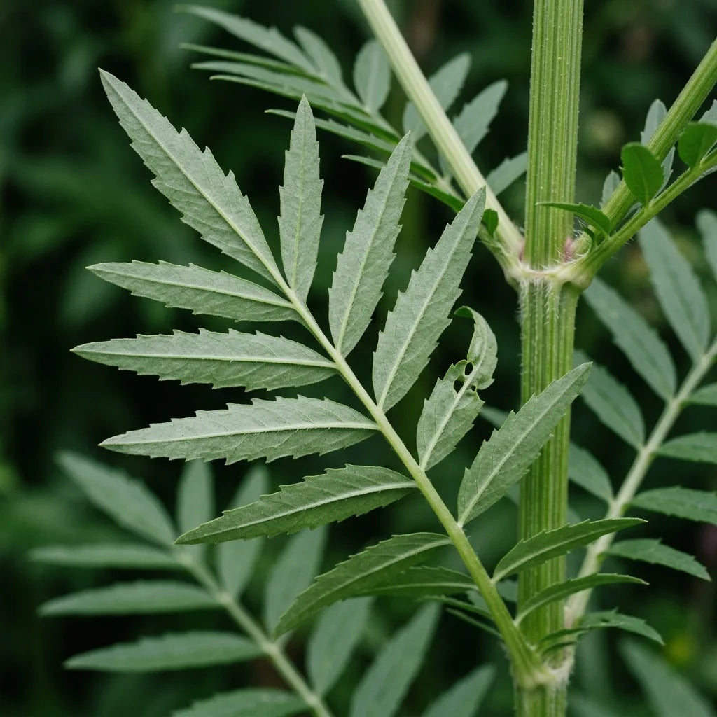Feuille imparipennée opposée et tige cannelée de la valériane officinale, détail botanique — SemiSauvage