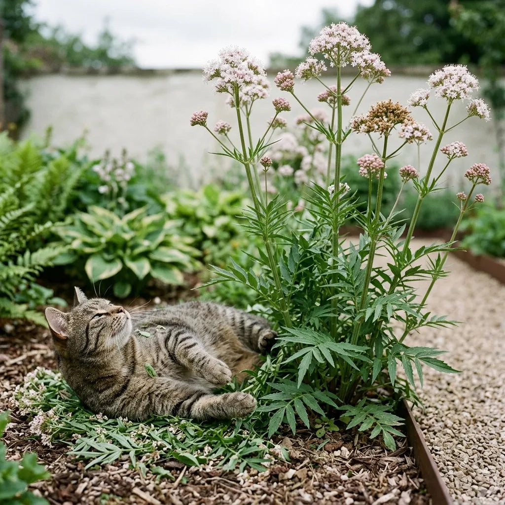 Chat se roulant au pied d'une touffe de valériane, l'herbe aux chats — SemiSauvage