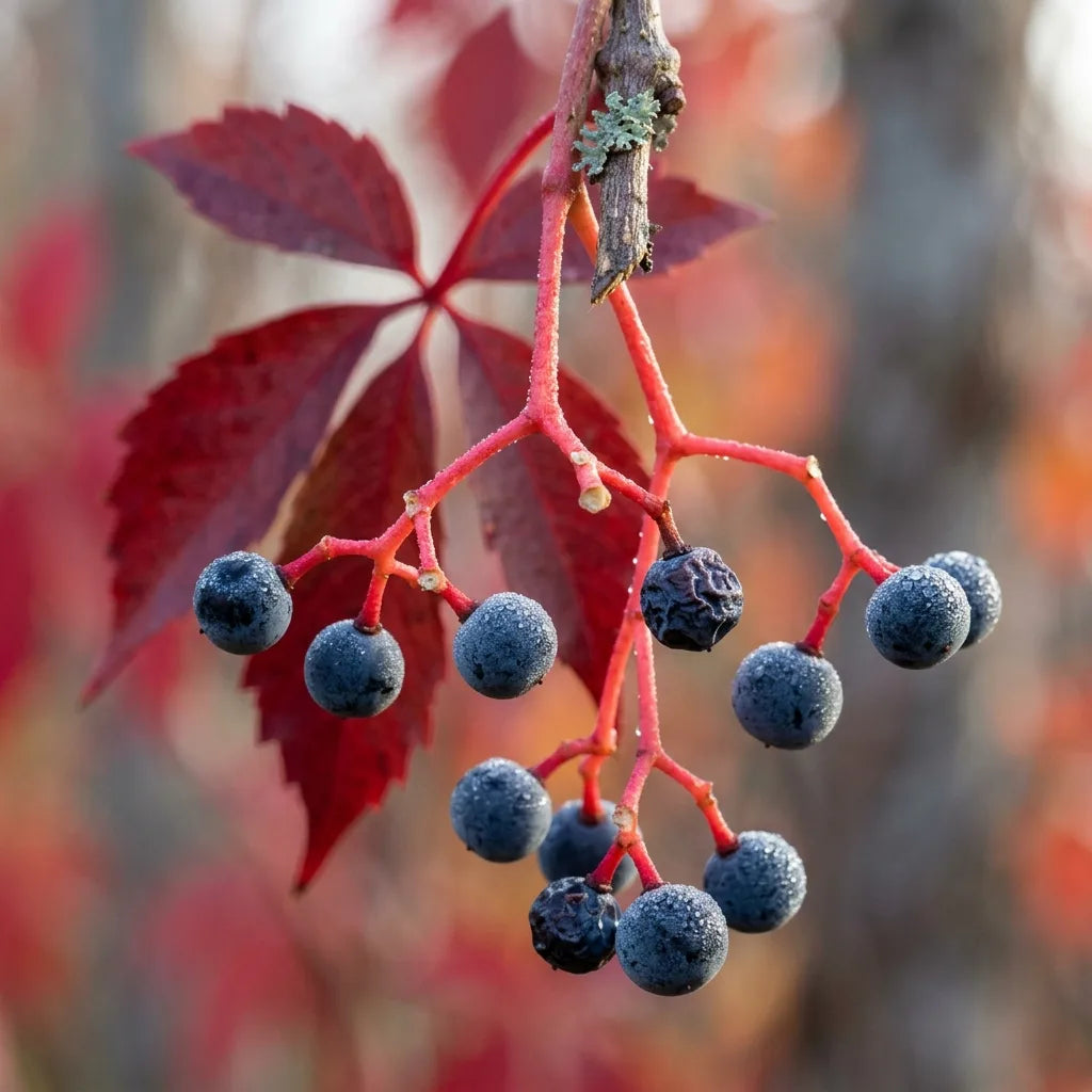Baies bleu-noir de vigne vierge (Parthenocissus quinquefolia) sur leurs pédoncules rouges — SemiSauvage