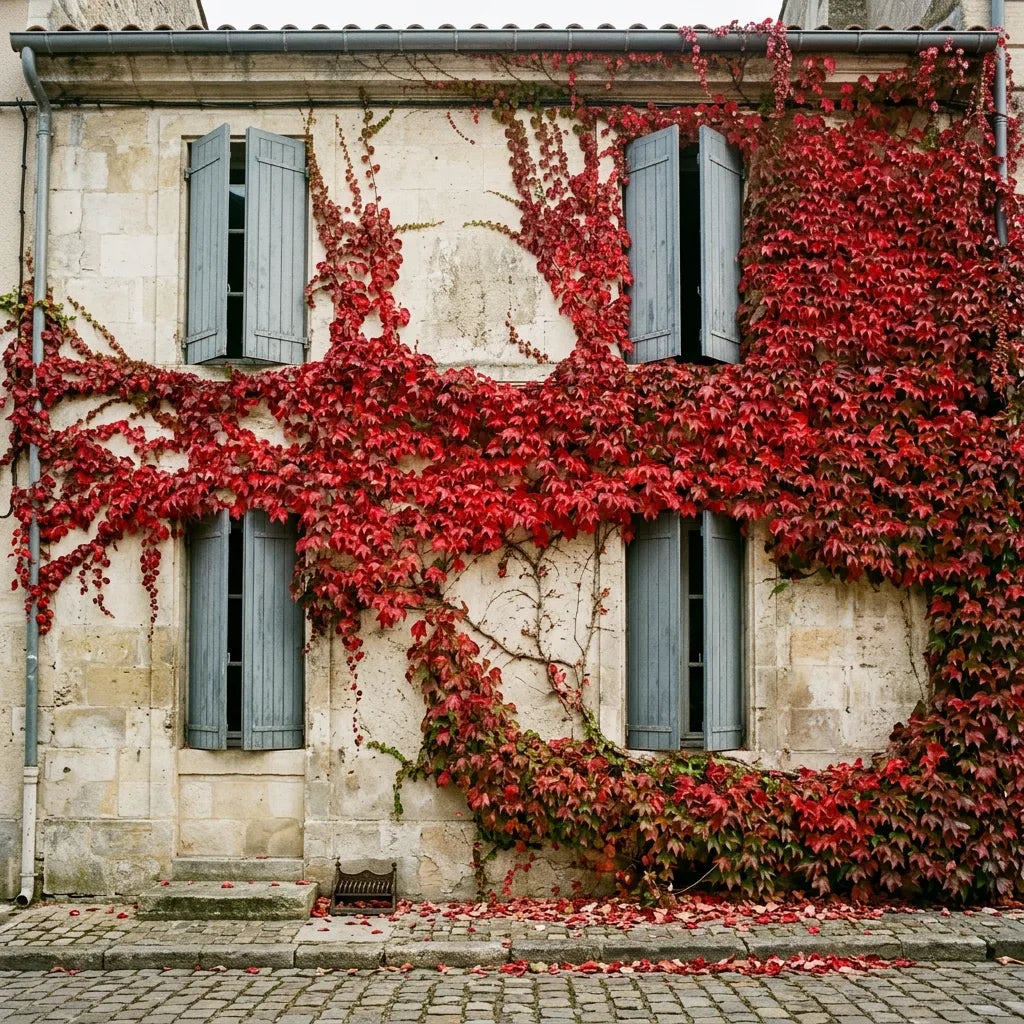 Vigne vierge (Parthenocissus quinquefolia) écarlate sur une façade en pierre à l'automne — SemiSauvage