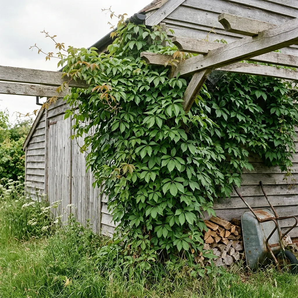 Vigne vierge (Parthenocissus quinquefolia) en feuillage d'été sur une grange et une pergola — SemiSauvage
