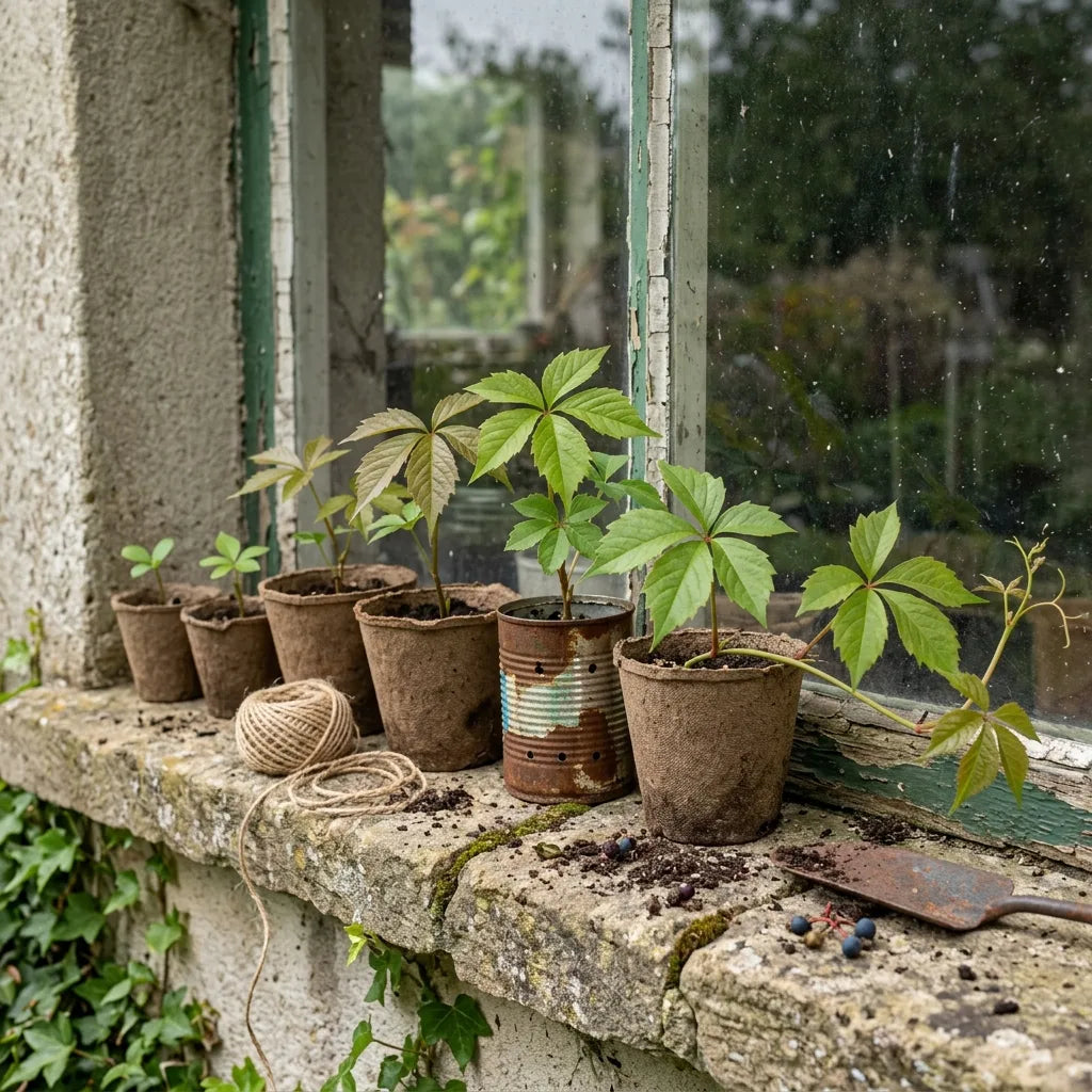 Jeunes semis de vigne vierge (Parthenocissus quinquefolia) en godets sur un appui de fenêtre — SemiSauvage