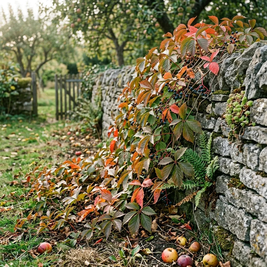 Vigne vierge (Parthenocissus quinquefolia) retombant d'un mur en pierre sèche en début d'automne — SemiSauvage