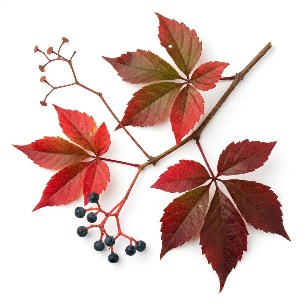 Rameau de vigne vierge (Parthenocissus quinquefolia) à cinq folioles avec baies, sur fond blanc — SemiSauvage