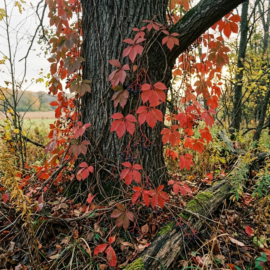 Vigne vierge (Parthenocissus quinquefolia) sauvage grimpant sur un chêne en lisière de bois — SemiSauvage