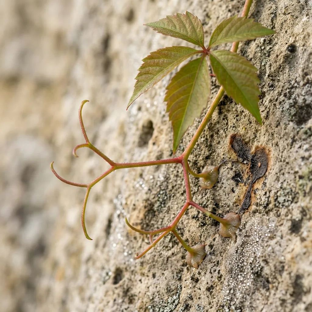 Vrille à ventouses adhésives de vigne vierge (Parthenocissus quinquefolia) agrippée à la pierre — SemiSauvage