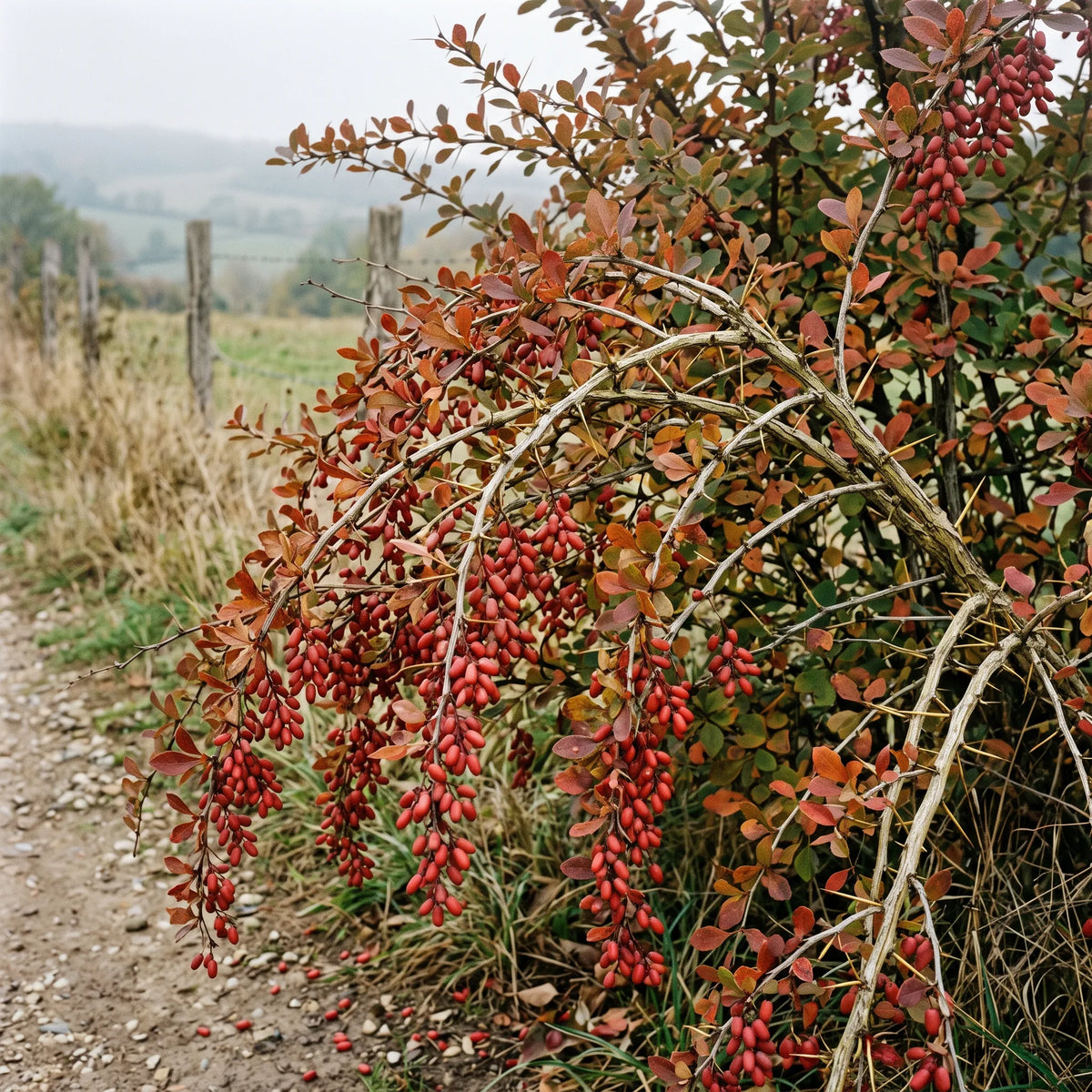 Vinettier adulte en automne au bord d un chemin, feuillage rougissant et grappes de baies