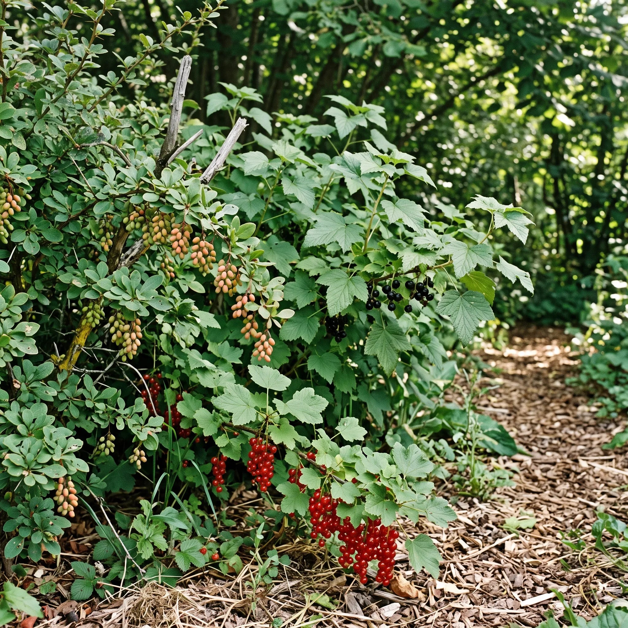 Vinettier en lisiere de jardin-foret avec cassissier et groseillier a grappes