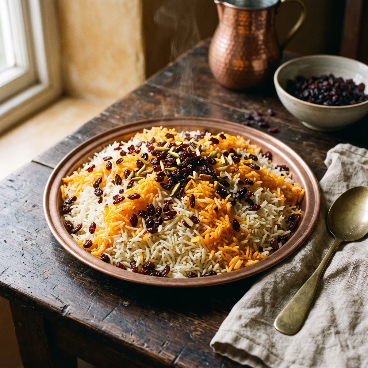 Riz safrane aux epines-vinettes sechees, plat traditionnel persan servi sur un plat de cuivre