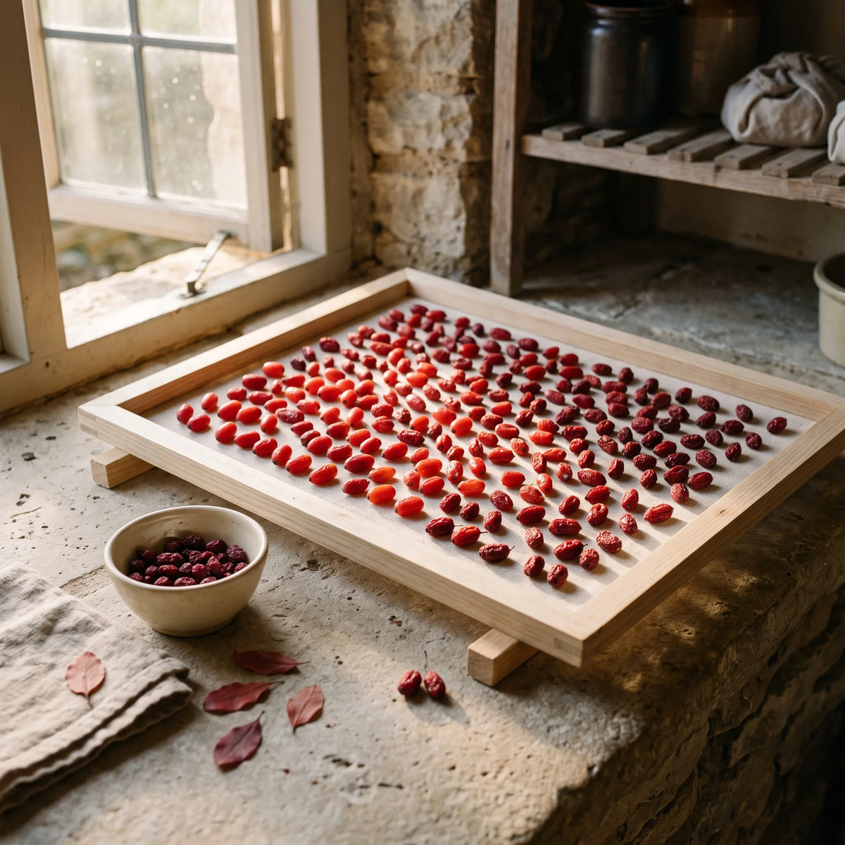 Sechage des baies de vinettier sur une claie de bois, le zereshk de la cuisine persane