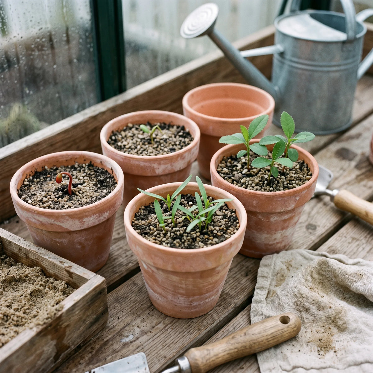 Semis de vinettier en pots de terre cuite apres stratification a froid, jeunes plantules