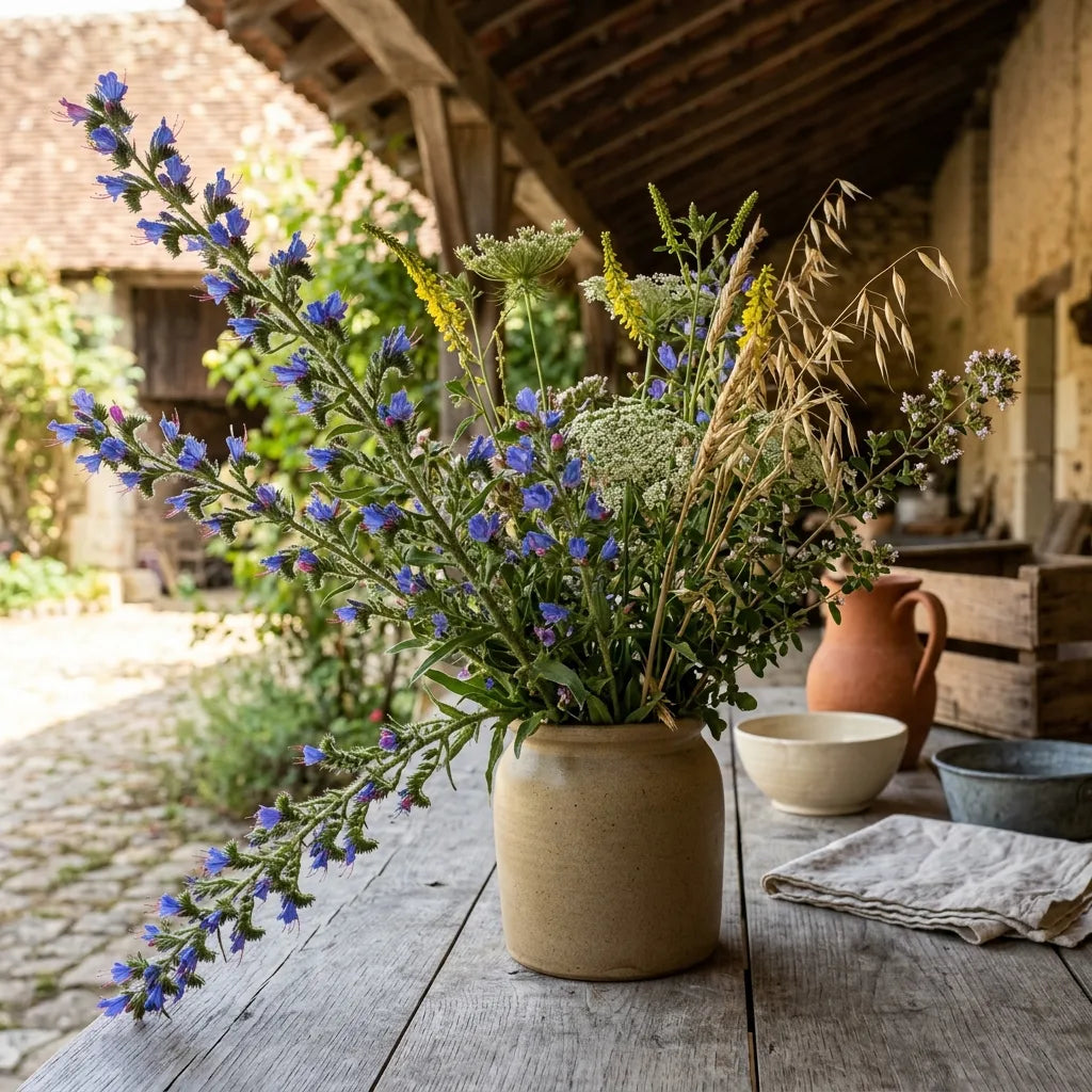 Bouquet champêtre de vipérine commune sous un auvent de ferme — SemiSauvage