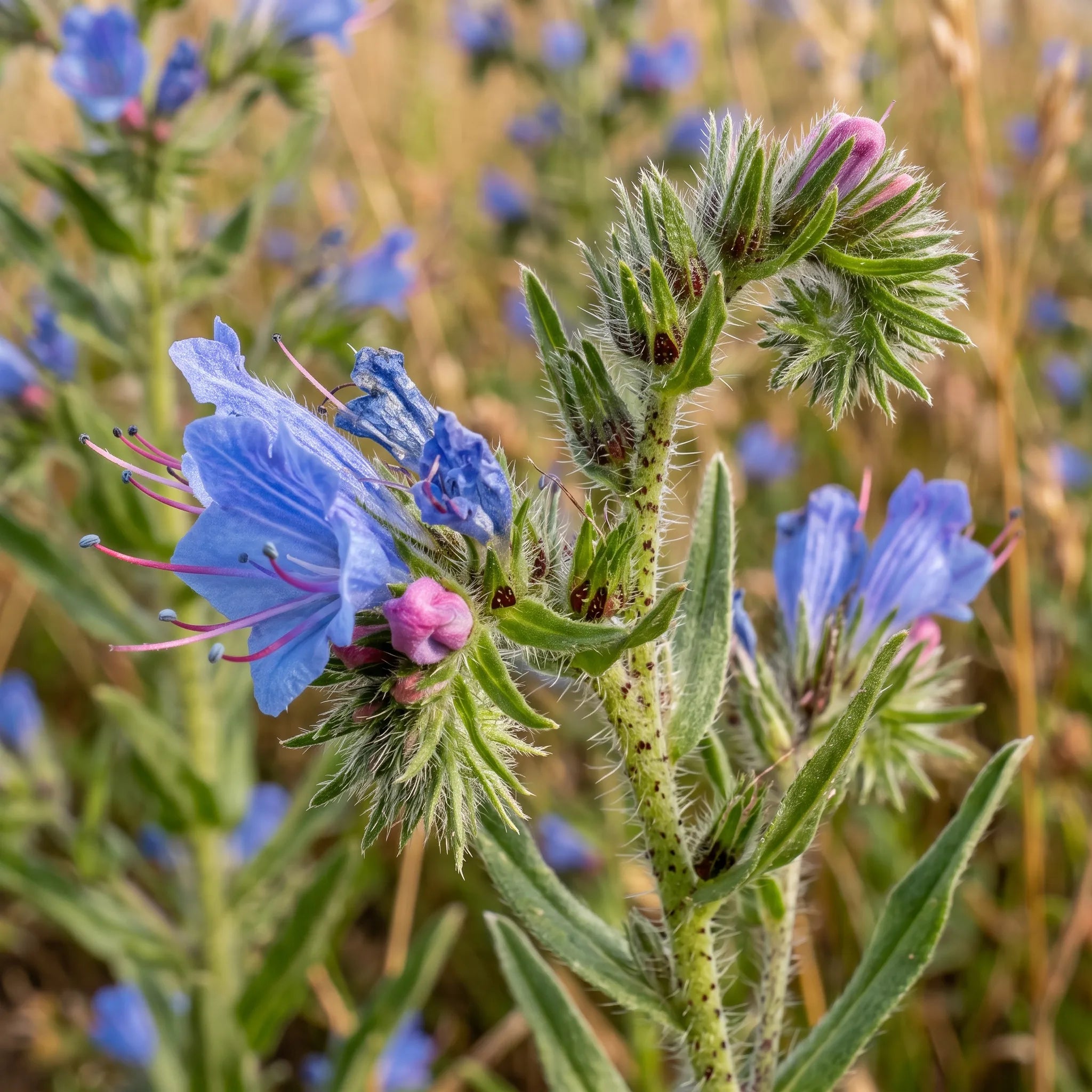Macro d'une cyme de vipérine, poils à base pustuleuse et étamines rouges — SemiSauvage