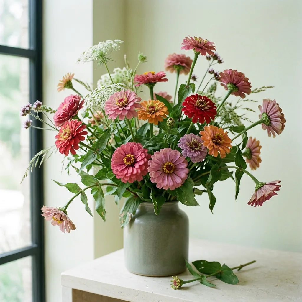 Bouquet d'été de zinnias Rose Mystique composé avec ammi et verveine de Buenos Aires — SemiSauvage