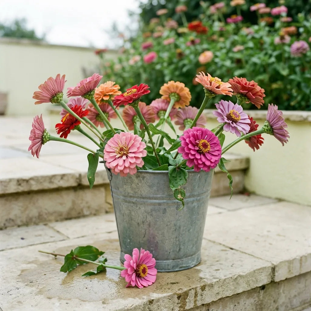 Zinnias Rose Mystique fraîchement cueillis mis à boire dans un seau de zinc — SemiSauvage