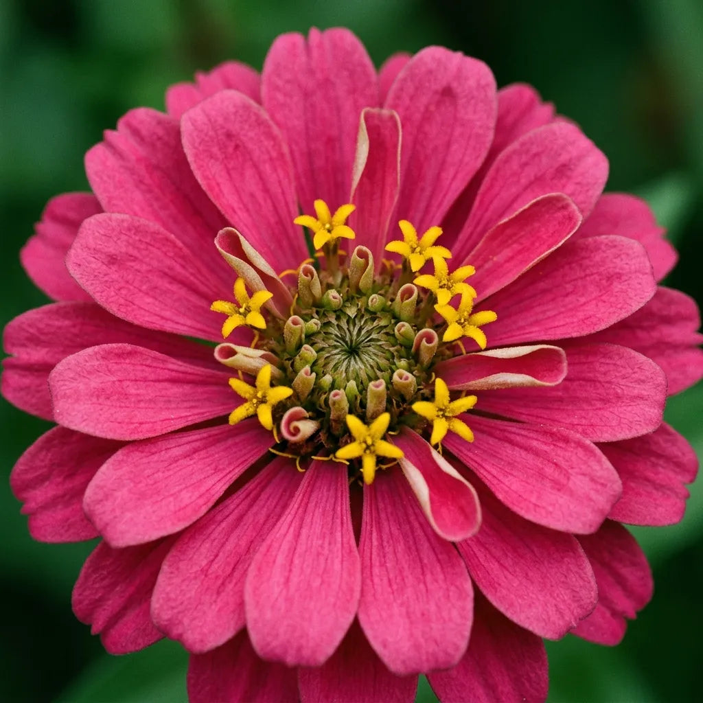 Macro d'un capitule de zinnia Rose Mystique, ligules imbriquées et fleurons tubulés en étoiles jaunes — SemiSauvage