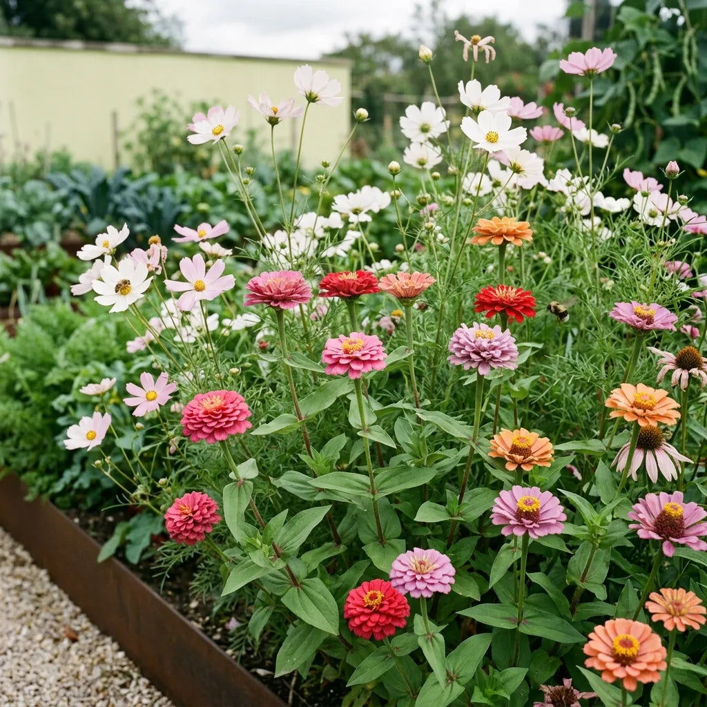 Massif d'été mêlant zinnias Rose Mystique et cosmos, refuge à pollinisateurs en bordure de potager — SemiSauvage
