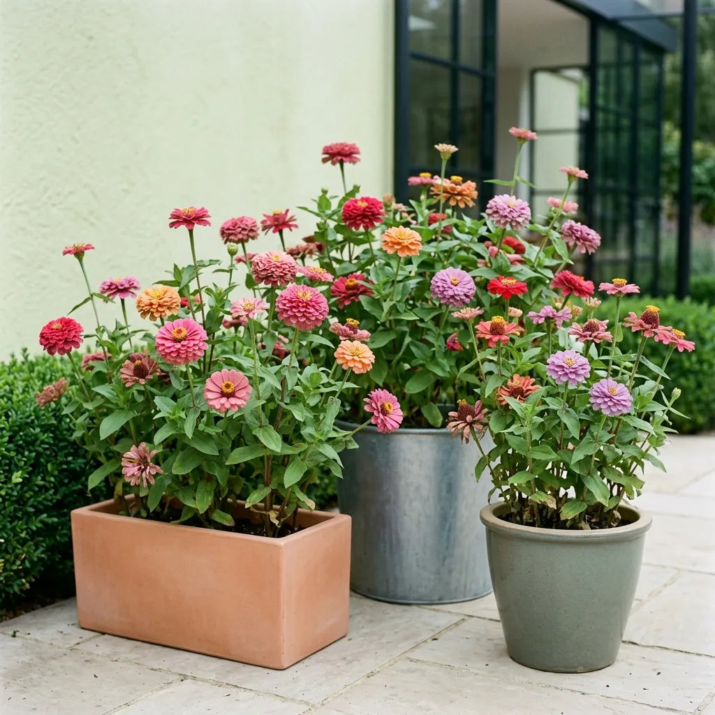 Potées de zinnias Rose Mystique sur la terrasse d'un jardin contemporain — SemiSauvage