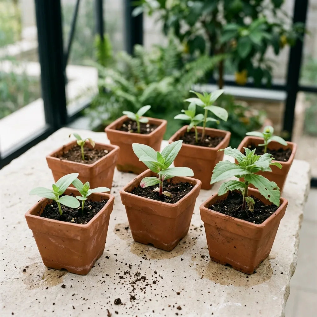 Jeunes plants de zinnia semés en godets individuels sous véranda — SemiSauvage